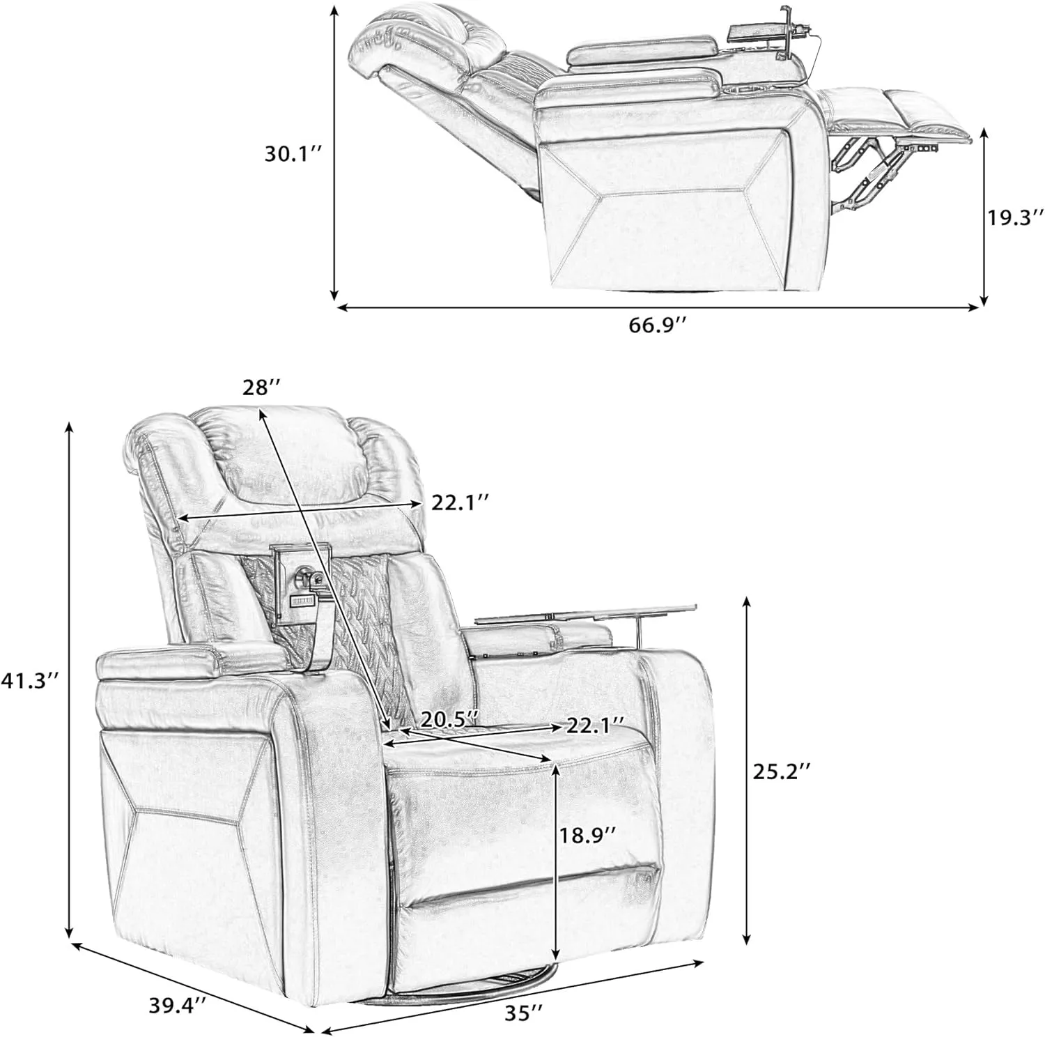 270 Degree Swivel PU Leather Power Recliner Individual Seat Home Theater Recliner with Comforable Backrest, Tray Table, Phone Holder, Cup Holder, USB Port, Hidden Arm Storage for Living Room, Black