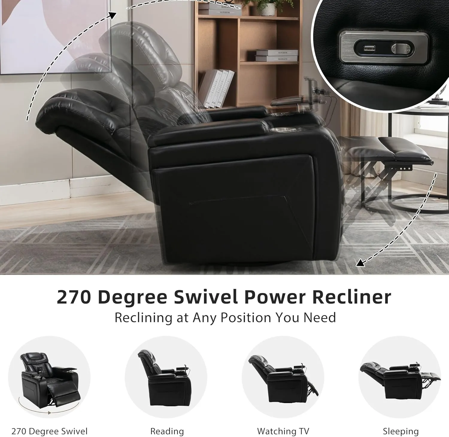 270 Degree Swivel PU Leather Power Recliner Individual Seat Home Theater Recliner with Comforable Backrest, Tray Table, Phone Holder, Cup Holder, USB Port, Hidden Arm Storage for Living Room, Black