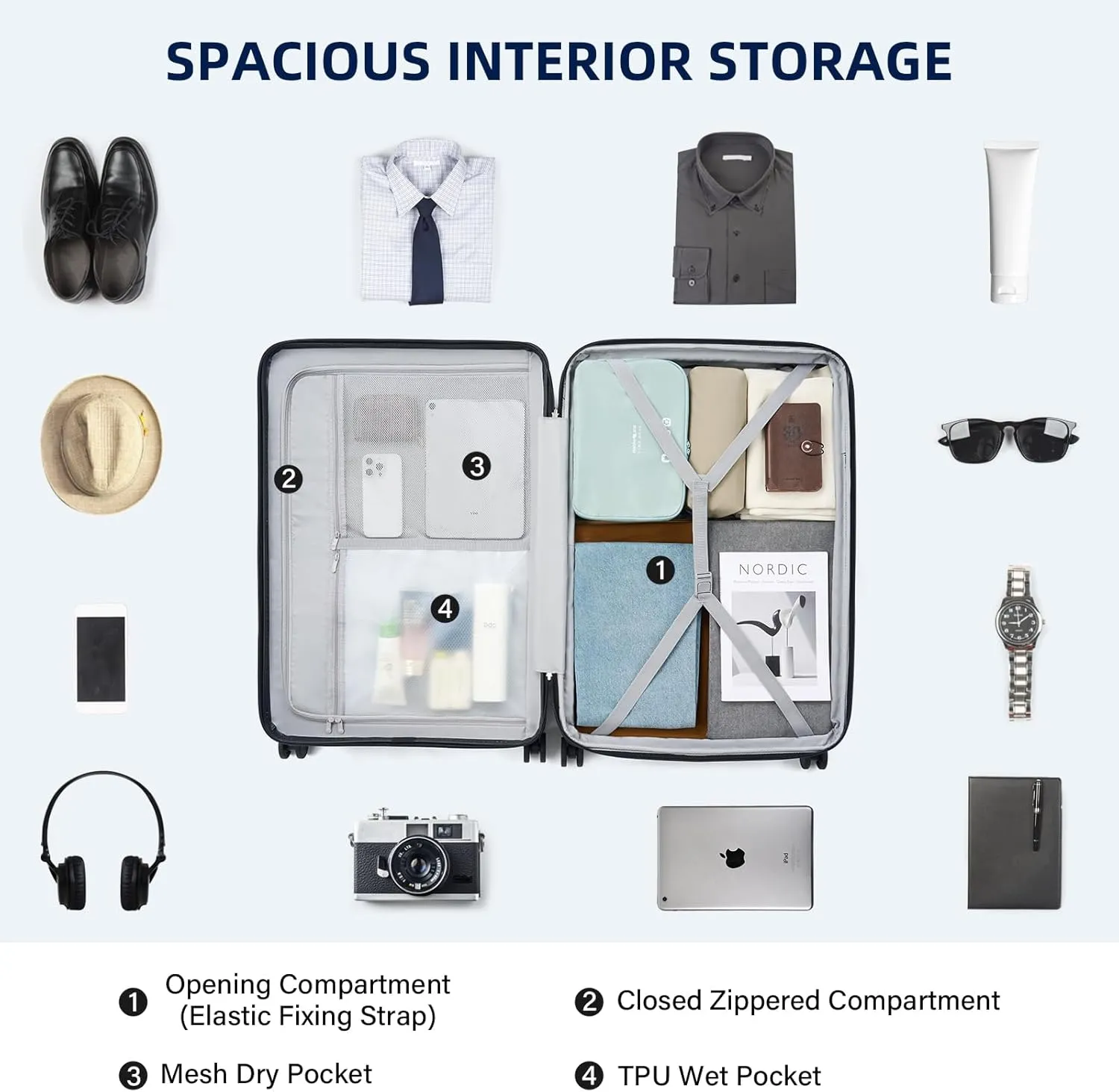 28 Inch Luggage Hard Shell Suitcases, Expandable Travel Checked Luggage 28 Inch, Large Check In Luggage with Spinner Wheels Cup Holder Charger Built in Lightweight Suitcase, Interstellar Blue