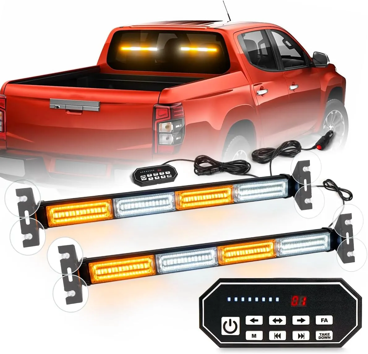 2x17.7 Traffic Advisor Light Bar w/Digital Display Controller Windshield LED Emergency Strobe Visor Safety Warning Hazard Flashing Lights for Firefighter Police Trucks Vehicles, Amber/White
