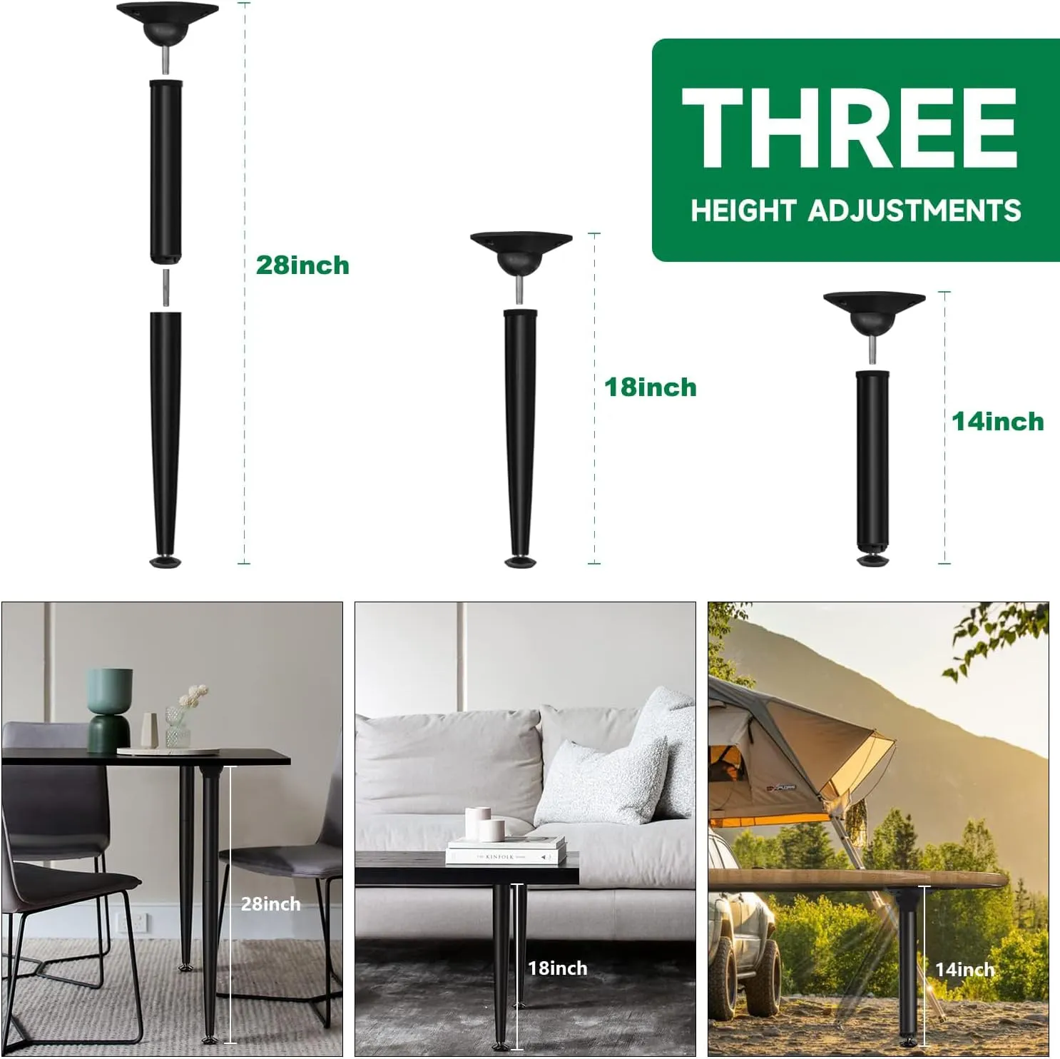 3-in-1 Metal Folding Table Legs with Adjustable Floor Protectors for Round or Square Table, Collapsible Home DIY Furniture Legs, 28/18 /14 Inch, Black, Set of 4