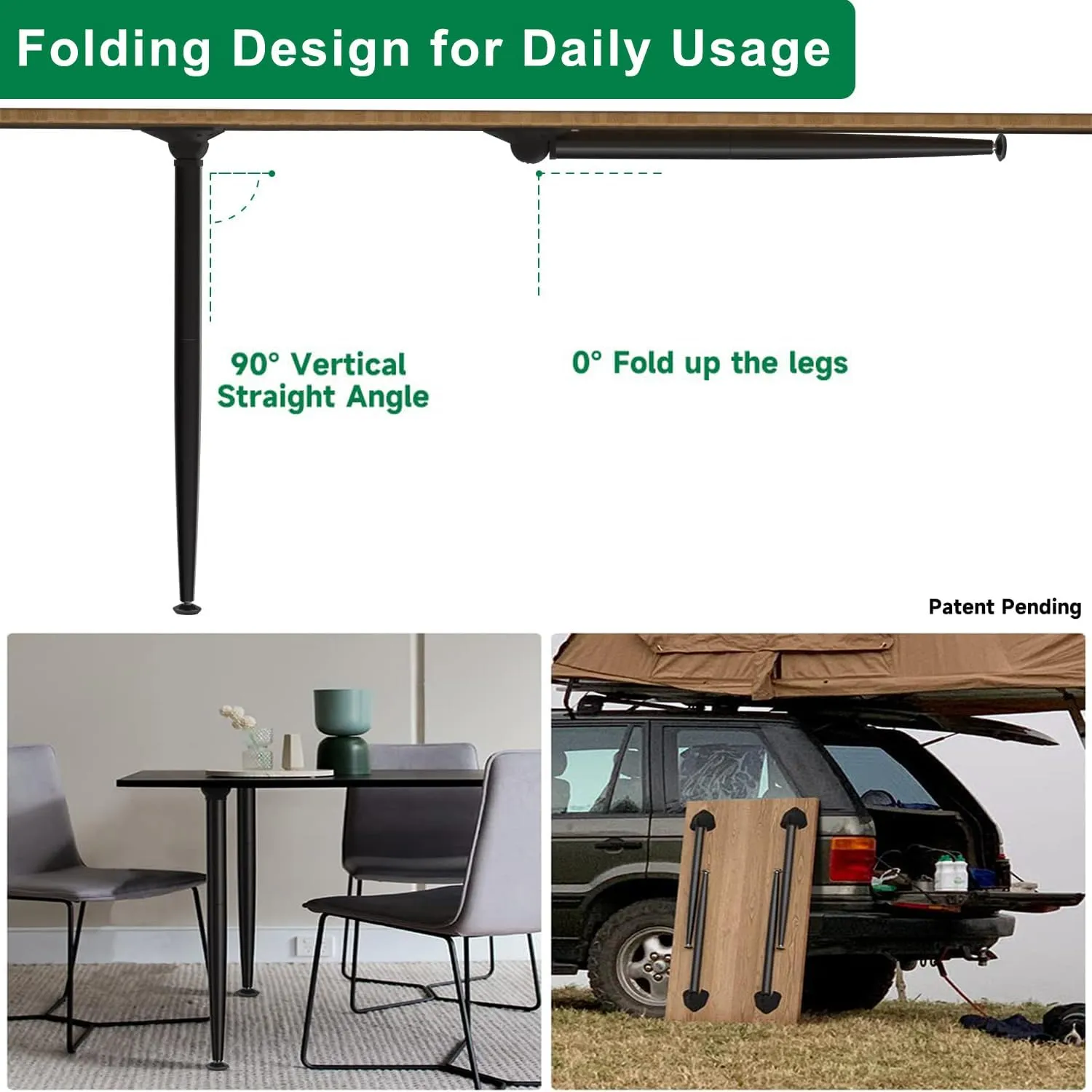 3-in-1 Metal Folding Table Legs with Adjustable Floor Protectors for Round or Square Table, Collapsible Home DIY Furniture Legs, 28/18 /14 Inch, Black, Set of 4