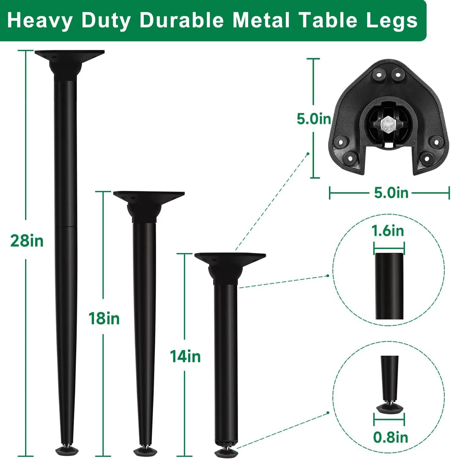 3-in-1 Metal Folding Table Legs with Adjustable Floor Protectors for Round or Square Table, Collapsible Home DIY Furniture Legs, 28/18 /14 Inch, Black, Set of 4