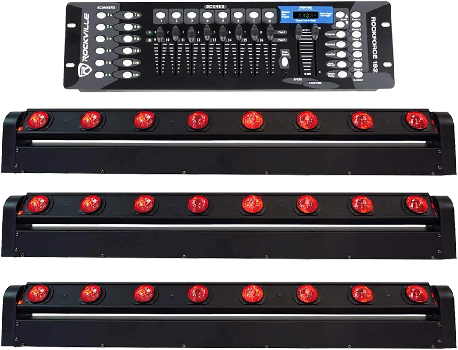 (3) Rockville MOTIONSTRIP Motorized Moving Head RGBW Color Strip Wash/Beam Light Bar Bundle with (1) Rockville ROCKFORCE 192-Channel Light/Fog DMX Lighting Controller (4 Items)
