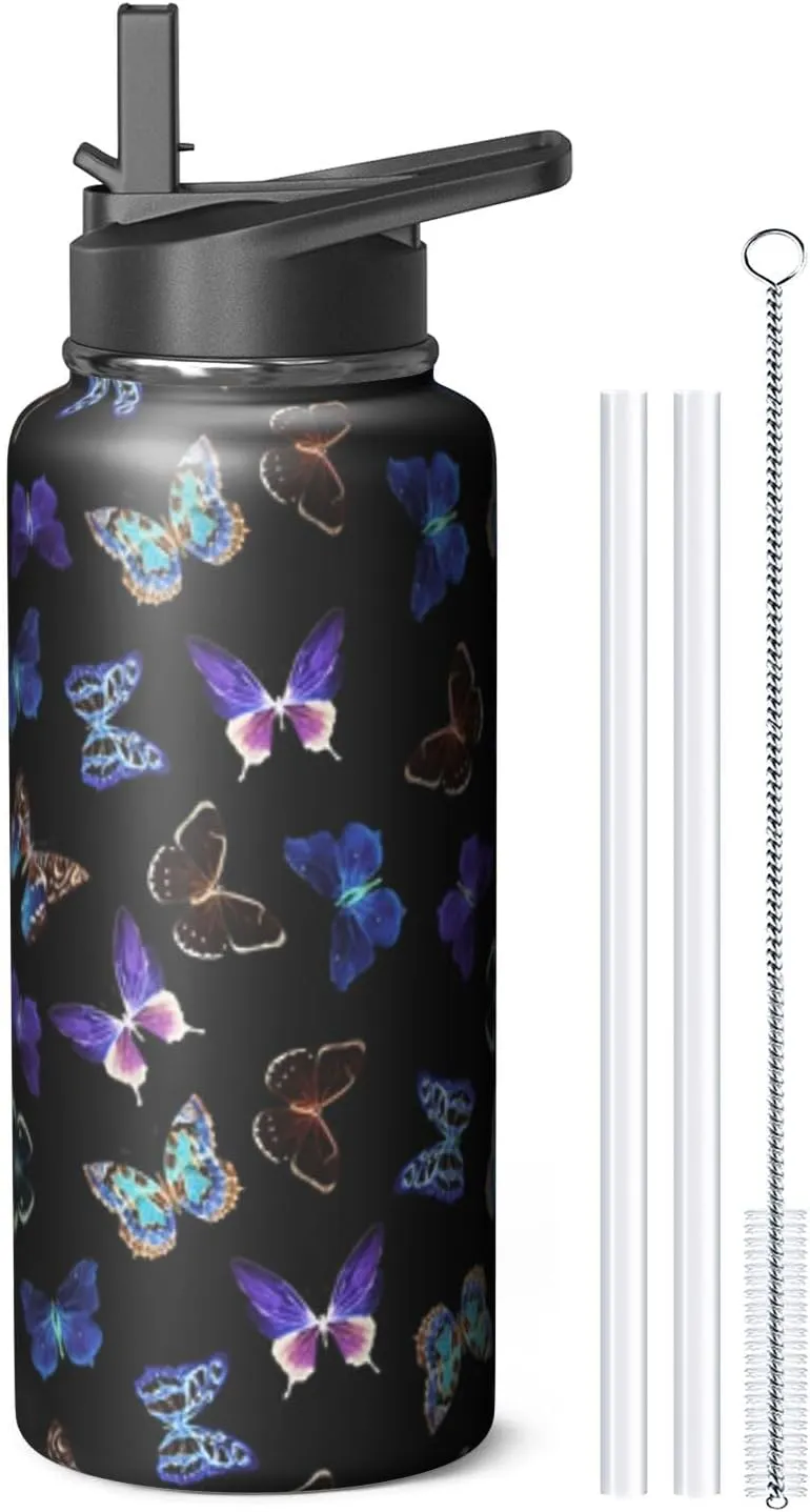 32oz Butterfly Water Bottle with Handle and Flip Straw, Animal Sports Stainless Steel Insulated Cup Travel Coffee Mug Tumbler, Birthday Mothers Day Chritmas Gifts for Women