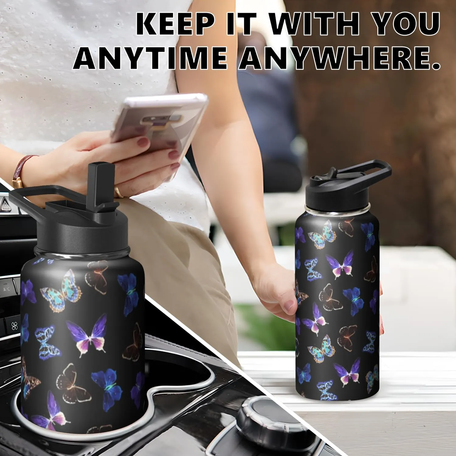 32oz Butterfly Water Bottle with Handle and Flip Straw, Animal Sports Stainless Steel Insulated Cup Travel Coffee Mug Tumbler, Birthday Mothers Day Chritmas Gifts for Women