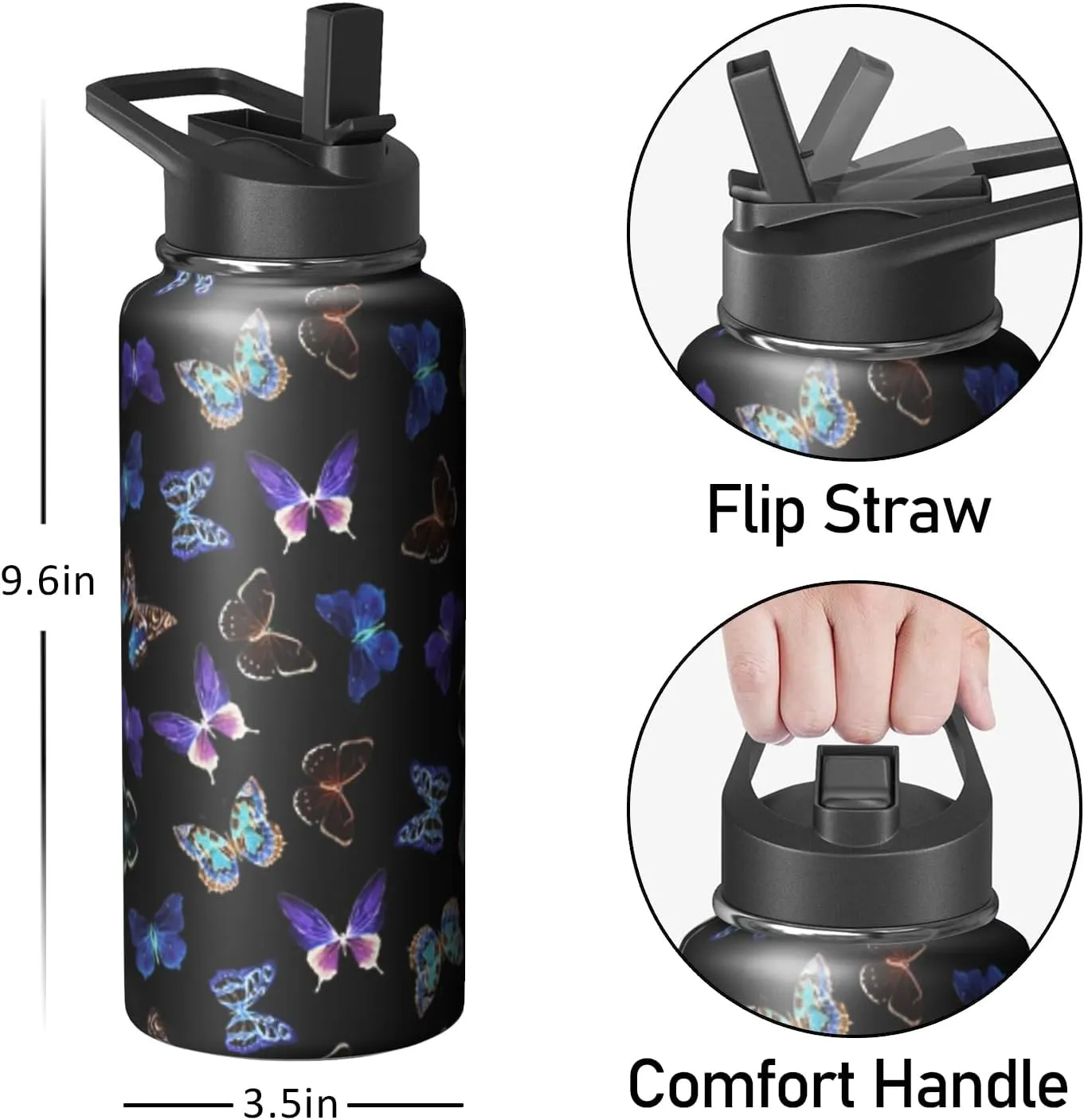 32oz Butterfly Water Bottle with Handle and Flip Straw, Animal Sports Stainless Steel Insulated Cup Travel Coffee Mug Tumbler, Birthday Mothers Day Chritmas Gifts for Women