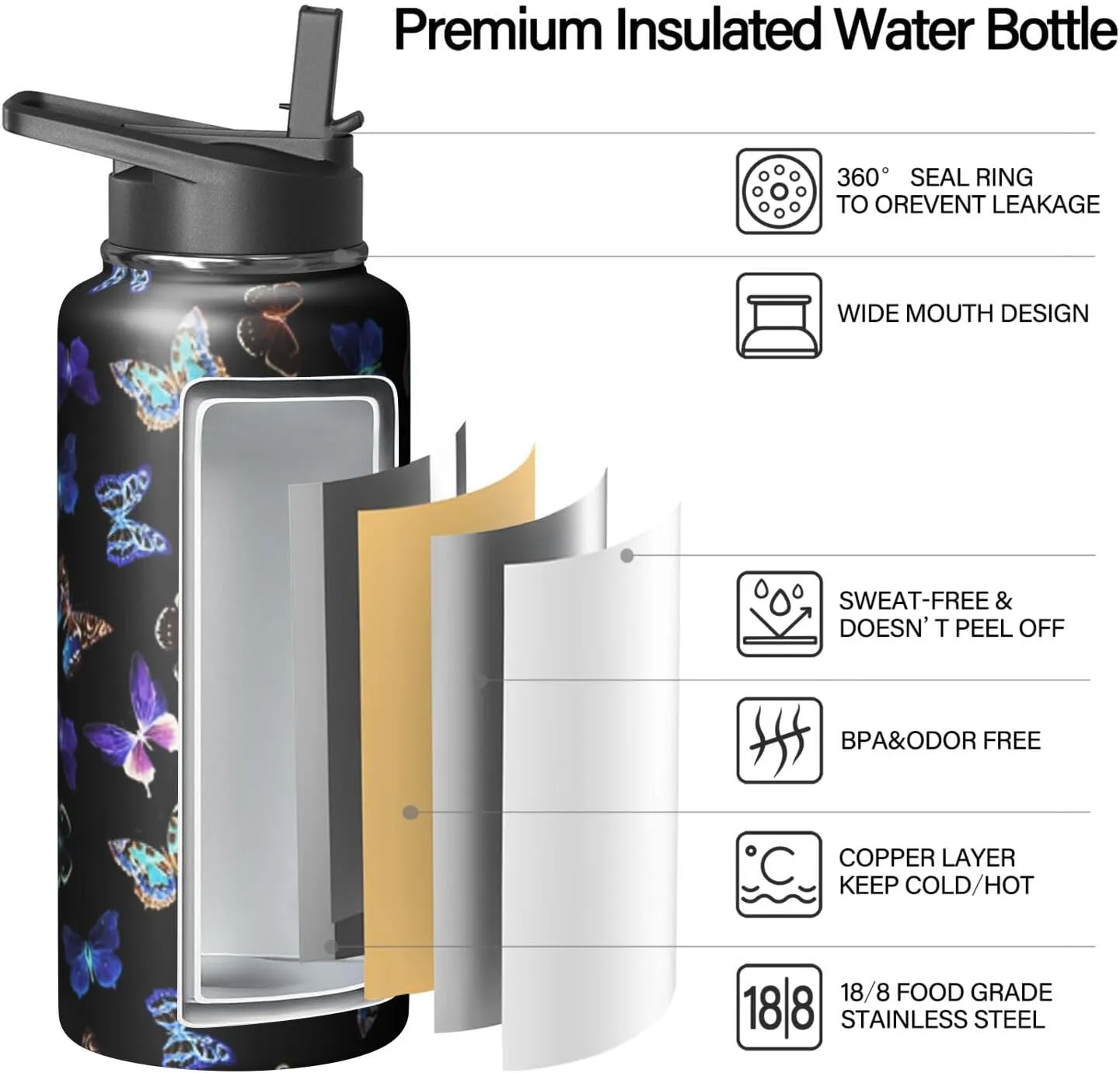 32oz Butterfly Water Bottle with Handle and Flip Straw, Animal Sports Stainless Steel Insulated Cup Travel Coffee Mug Tumbler, Birthday Mothers Day Chritmas Gifts for Women