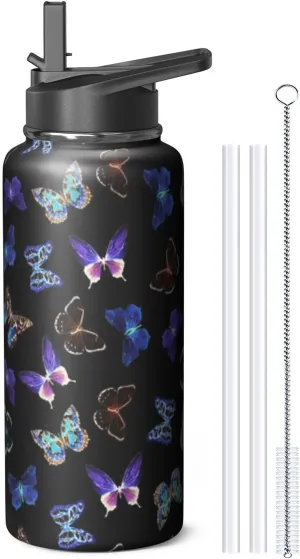 32oz Butterfly Water Bottle with Handle and Flip Straw, Animal Sports Stainless Steel Insulated Cup Travel Coffee Mug Tumbler, Birthday Mothers Day Chritmas Gifts for Women