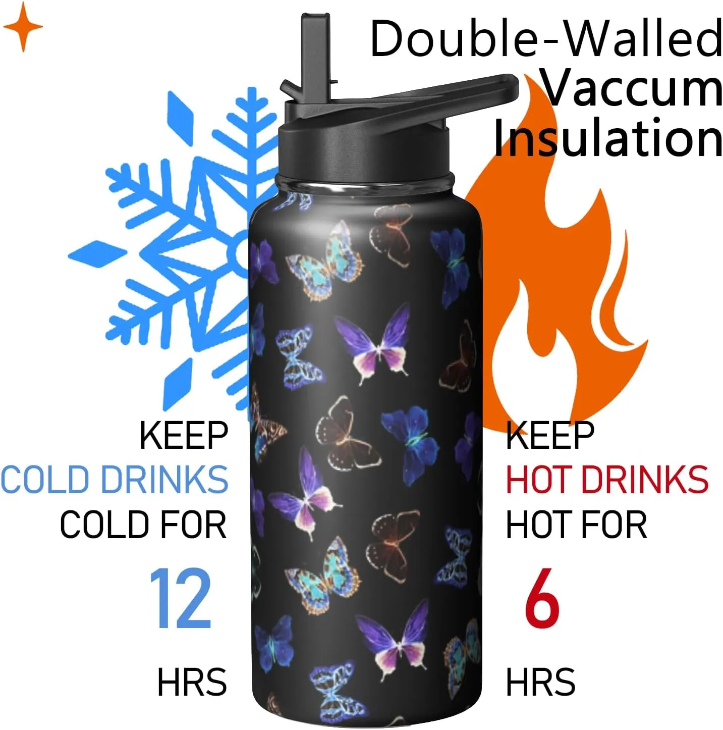 32oz Butterfly Water Bottle with Handle and Flip Straw, Animal Sports Stainless Steel Insulated Cup Travel Coffee Mug Tumbler, Birthday Mothers Day Chritmas Gifts for Women