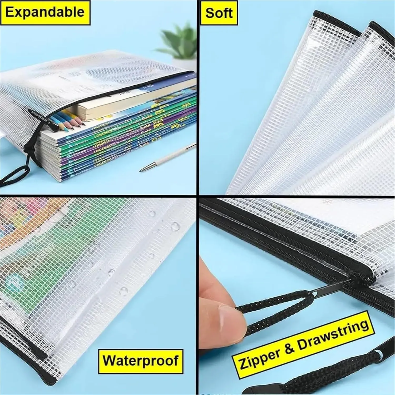 3/5PCS Stationery Storage Bag Folder File Mesh Zipper Pouch A3 A4 A5 A6 Document Bag Zip File Folders School Office Supplies Ideal for Storing Small Items for Everyday Use(A4)