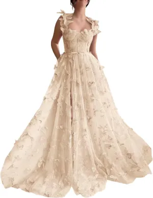 3D Butterfly Tulle Prom Dresses for Teens Slit Long Lace Applique A Line Formal Evening Party Gown for Women