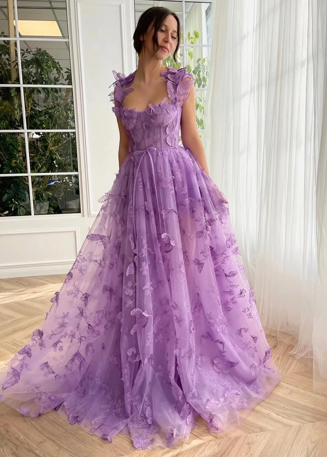 3D Butterfly Tulle Prom Dresses for Teens Slit Long Lace Applique A Line Formal Evening Party Gown for Women