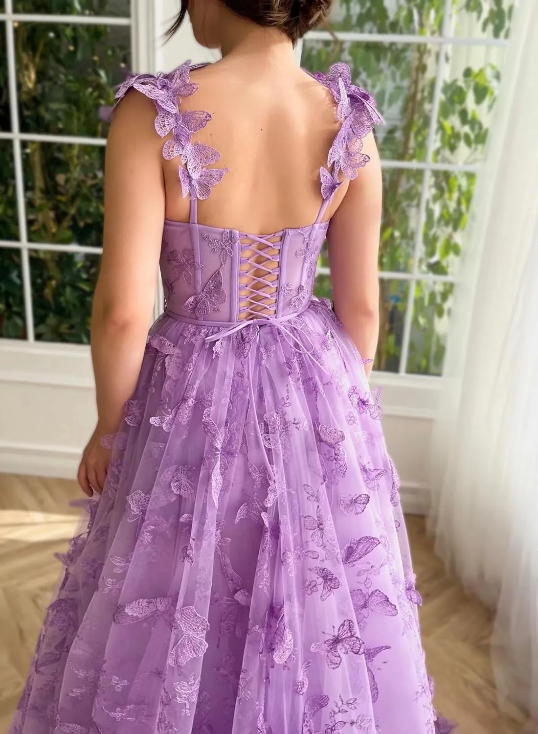 3D Butterfly Tulle Prom Dresses for Teens Slit Long Lace Applique A Line Formal Evening Party Gown for Women