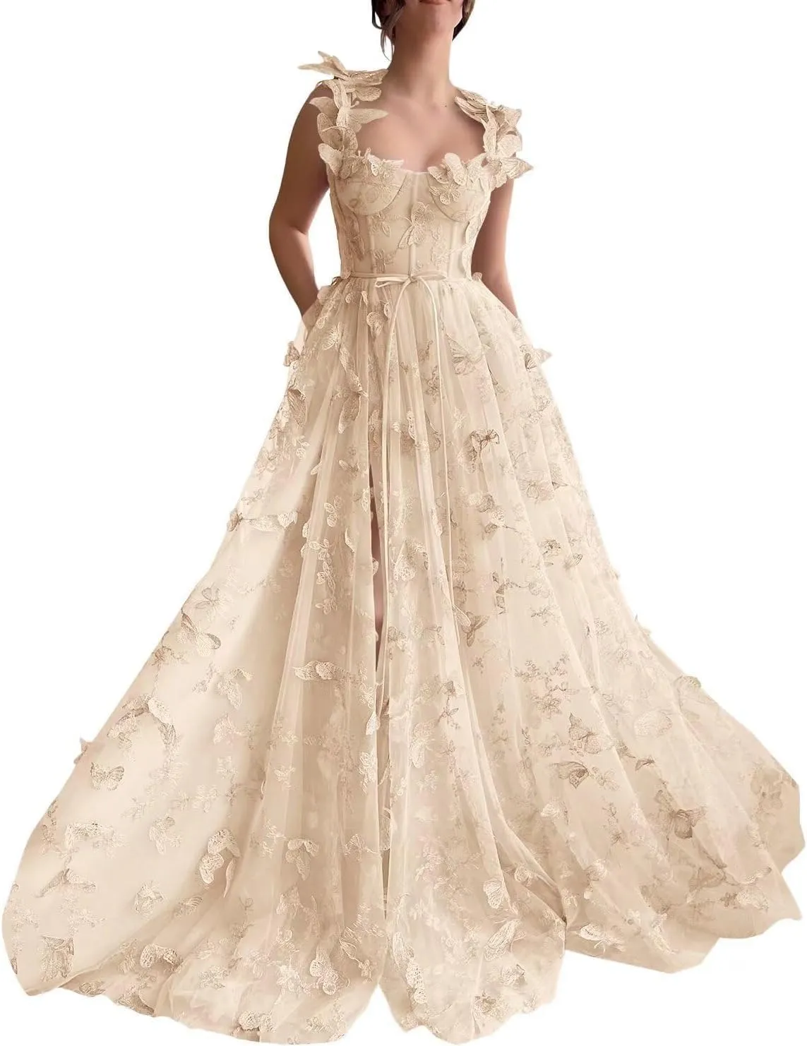 3D Butterfly Tulle Prom Dresses for Teens Slit Long Lace Applique A Line Formal Evening Party Gown for Women