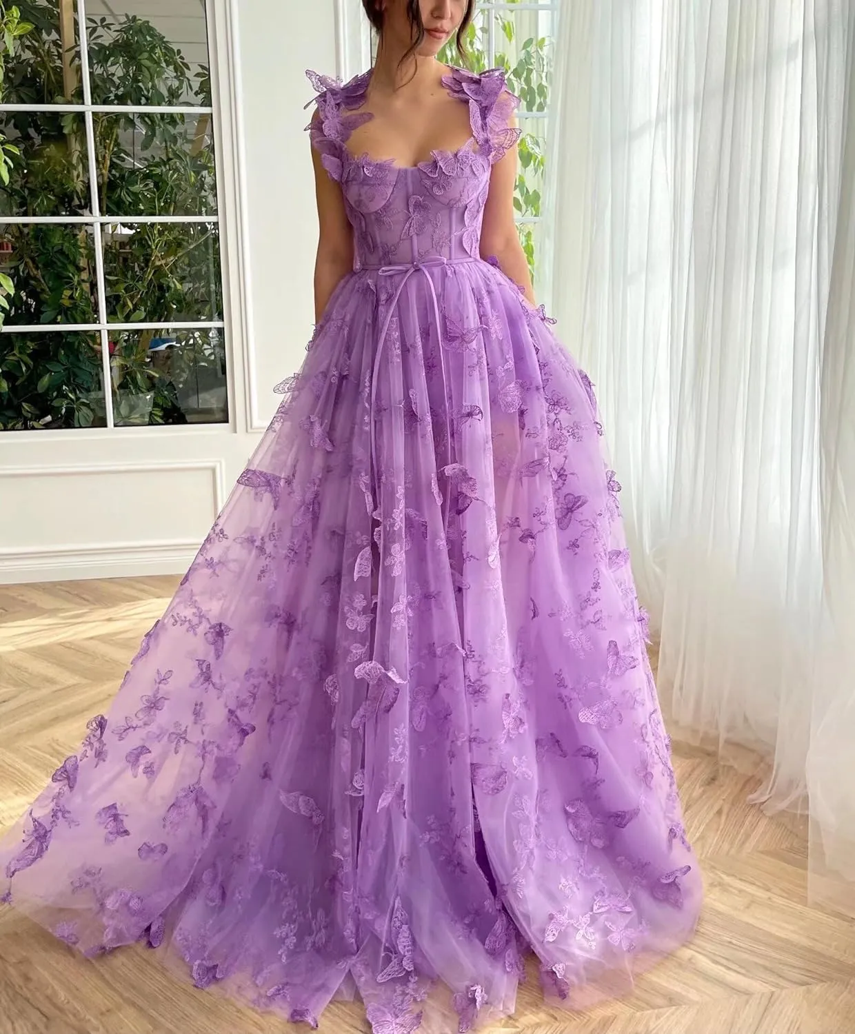 3D Butterfly Tulle Prom Dresses for Teens Slit Long Lace Applique A Line Formal Evening Party Gown for Women