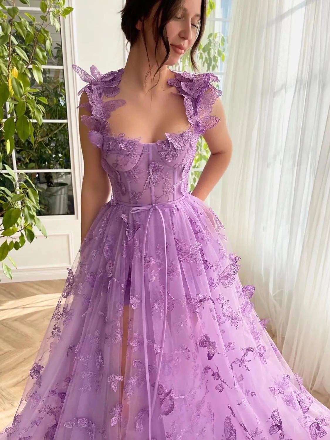 3D Butterfly Tulle Prom Dresses for Teens Slit Long Lace Applique A Line Formal Evening Party Gown for Women