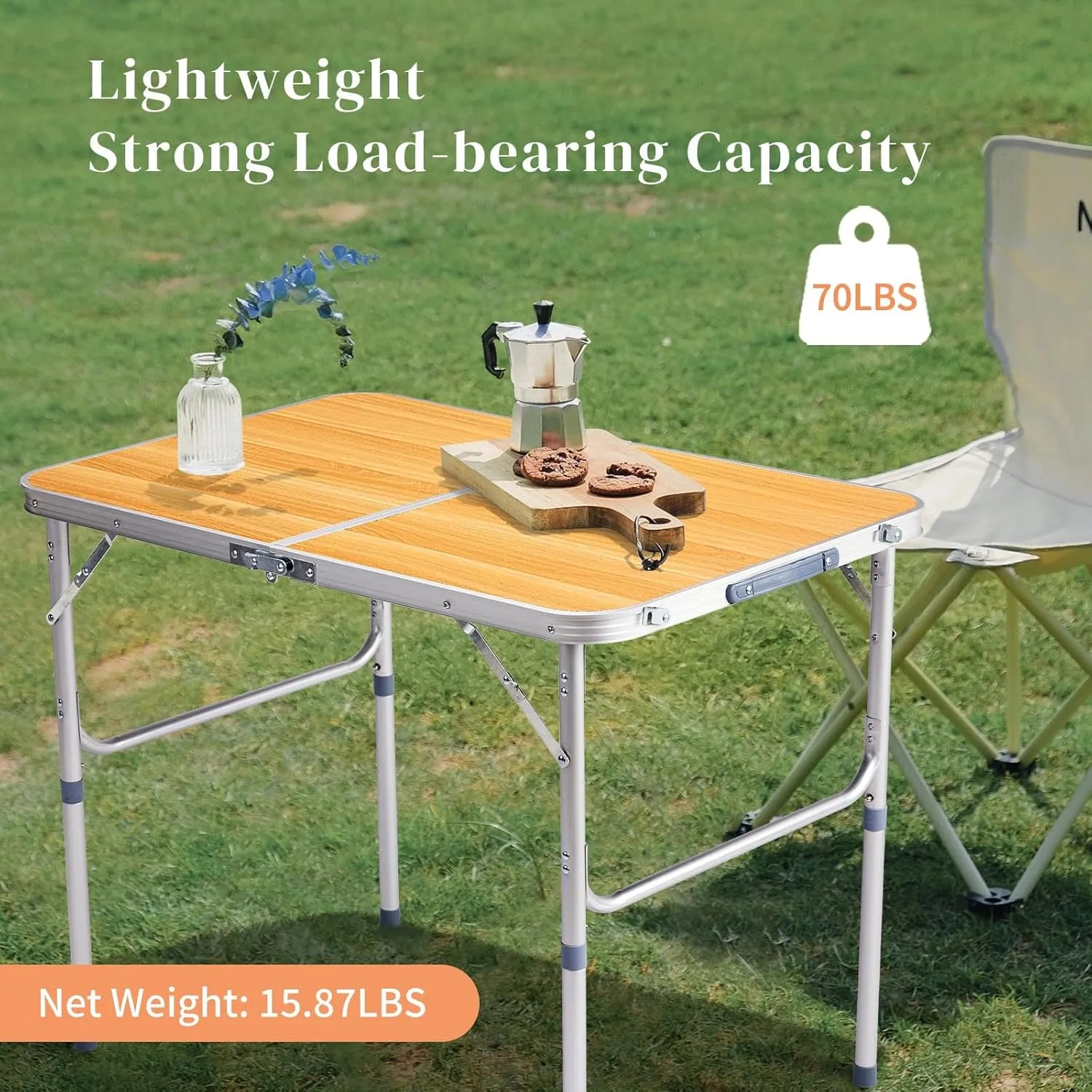 3Ft Foldable Camping Table Aluminum Frame Portable Camping Table w/Wood Color Fiberboard Top,35.43" L x 23.62" W x 27.56" H, Lightweight Design for Outdoor Cooking & Dining, Load 88 LBS Easy Use