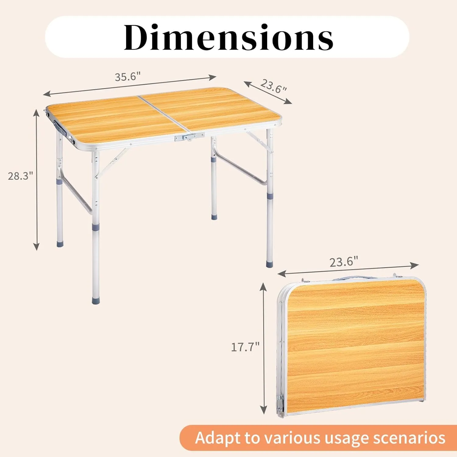 3Ft Foldable Camping Table Aluminum Frame Portable Camping Table w/Wood Color Fiberboard Top,35.43" L x 23.62" W x 27.56" H, Lightweight Design for Outdoor Cooking & Dining, Load 88 LBS Easy Use