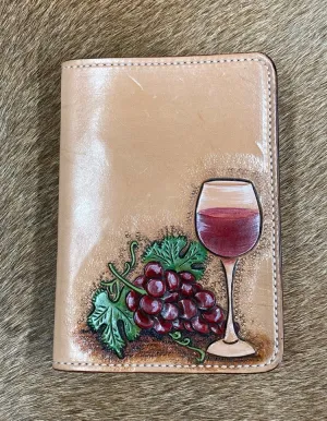 3" x 5" Hand Tooled Leather Notebook - Red Grapes and a Glass of Wine