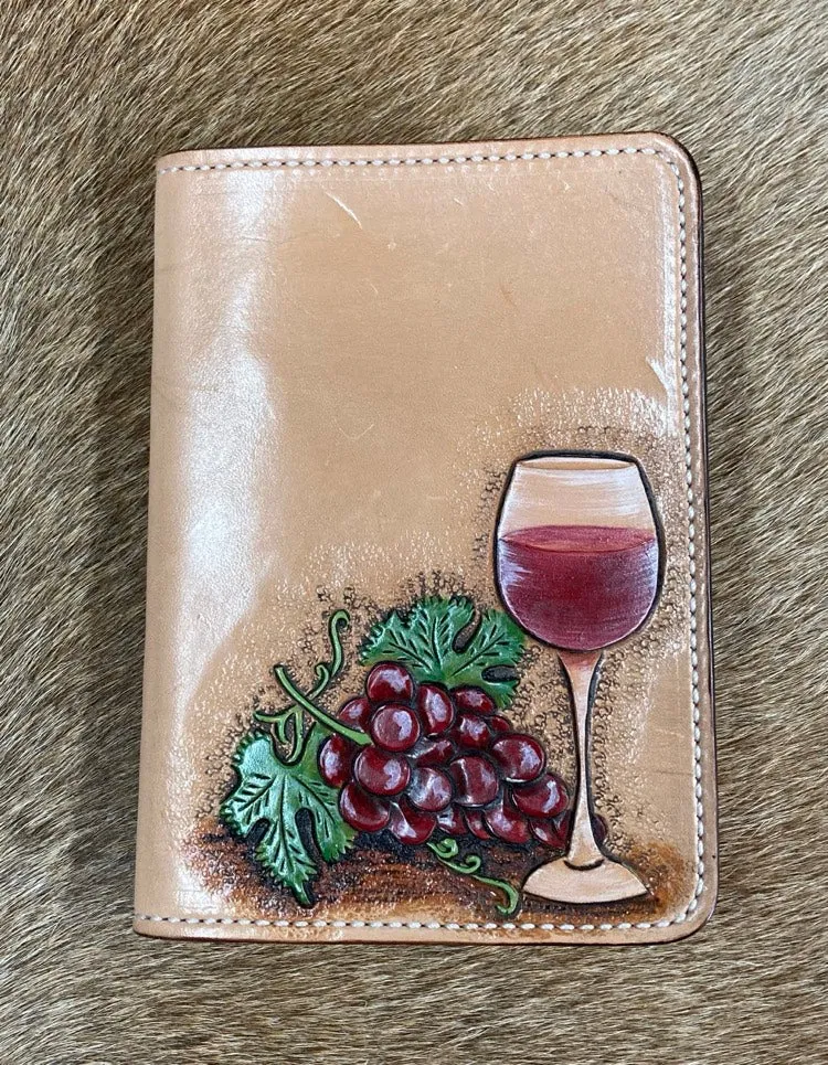 3" x 5" Hand Tooled Leather Notebook - Red Grapes and a Glass of Wine