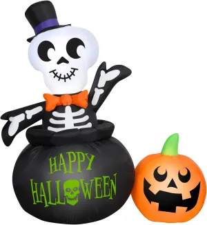 4' Gemmy Airblown Halloween Skeleton in Cauldron w/Pumpkin Yard Decoration 229798
