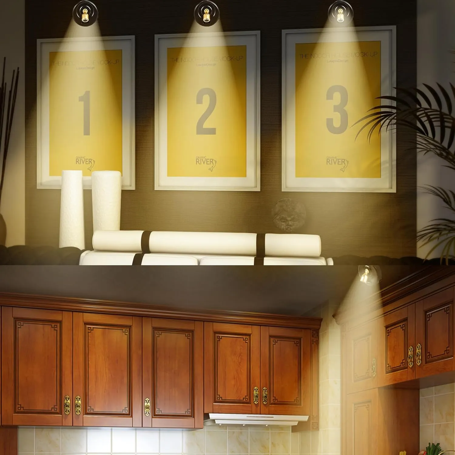 4-Pack Battery Powered LED Spotlight, Wireless Picture Lights, Uplighting Indoor, Puck Lights with Remote, Stick Spot Lights for Wall Art Display Dartboard Painting Artwork Closet Accent