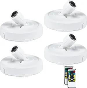 4 Pack Wireless LED Spotlight Battery Operated Picture Puck Lights with 2 Remote, Dimmable Stick Spot Lights with Timmer for Wall Display Painting Dartboard Artwork Accent Closet