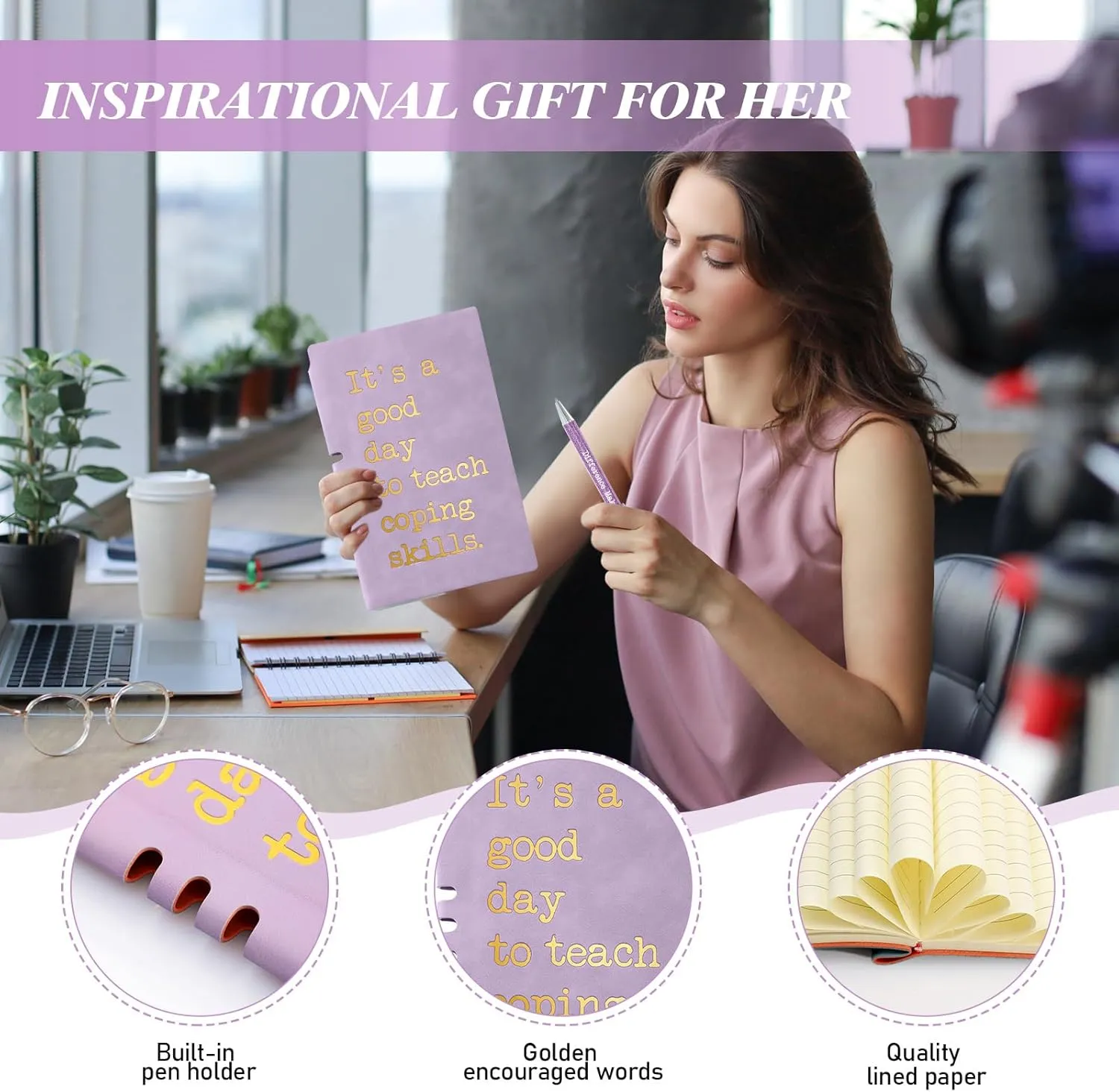 4 Pcs School Counselor Gifts Include 20oz Stainless Steel Tumbler Appreciation Makeup Bag Leather Notebook Thank You Pens End of School Gift for Educator Teacher(Purple)