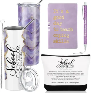 4 Pcs School Counselor Gifts Include 20oz Stainless Steel Tumbler Appreciation Makeup Bag Leather Notebook Thank You Pens End of School Gift for Educator Teacher(Purple)