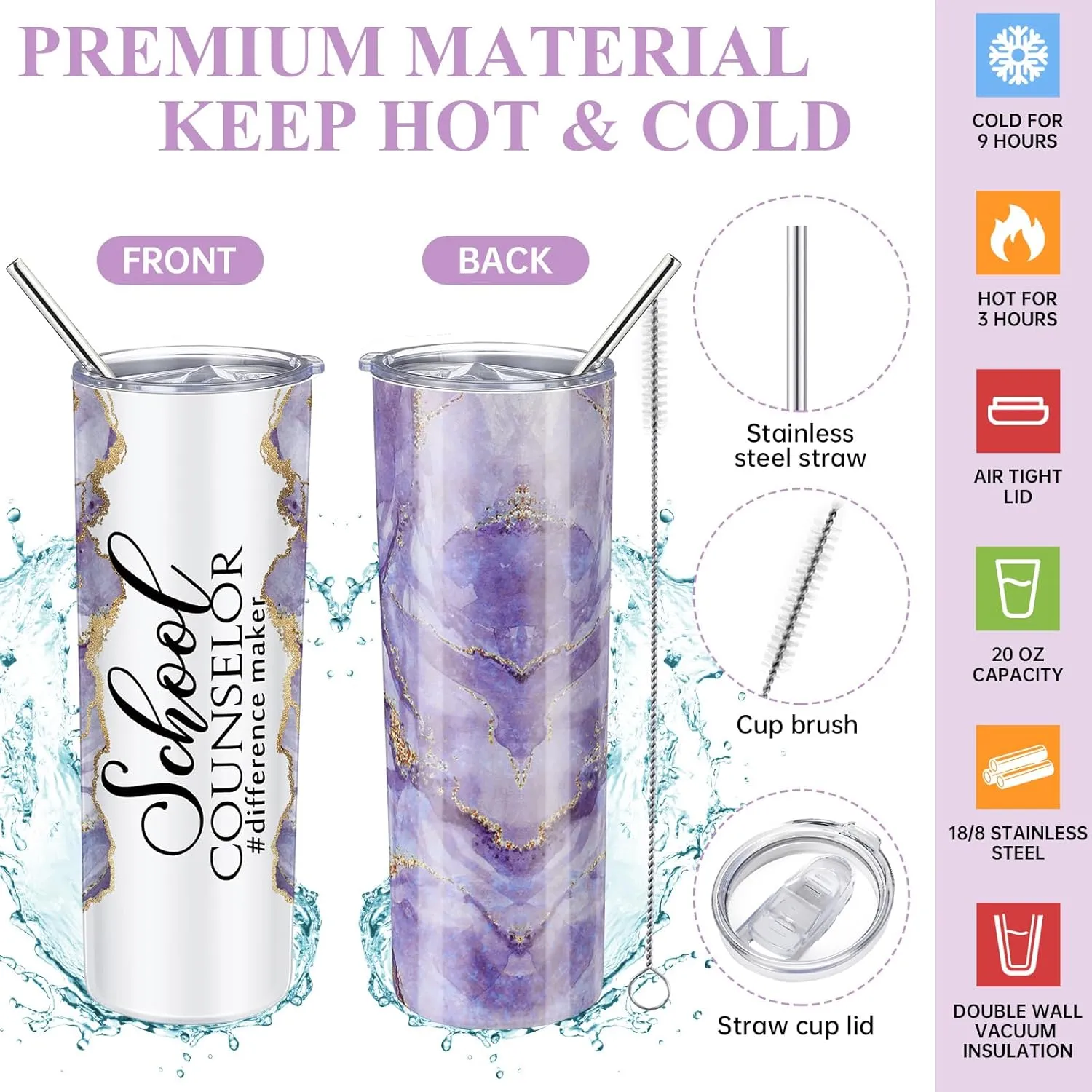 4 Pcs School Counselor Gifts Include 20oz Stainless Steel Tumbler Appreciation Makeup Bag Leather Notebook Thank You Pens End of School Gift for Educator Teacher(Purple)