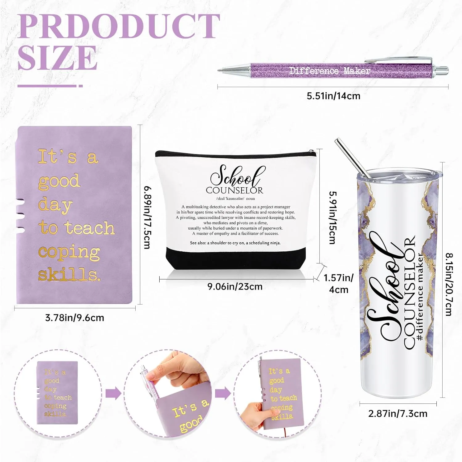 4 Pcs School Counselor Gifts Include 20oz Stainless Steel Tumbler Appreciation Makeup Bag Leather Notebook Thank You Pens End of School Gift for Educator Teacher(Purple)