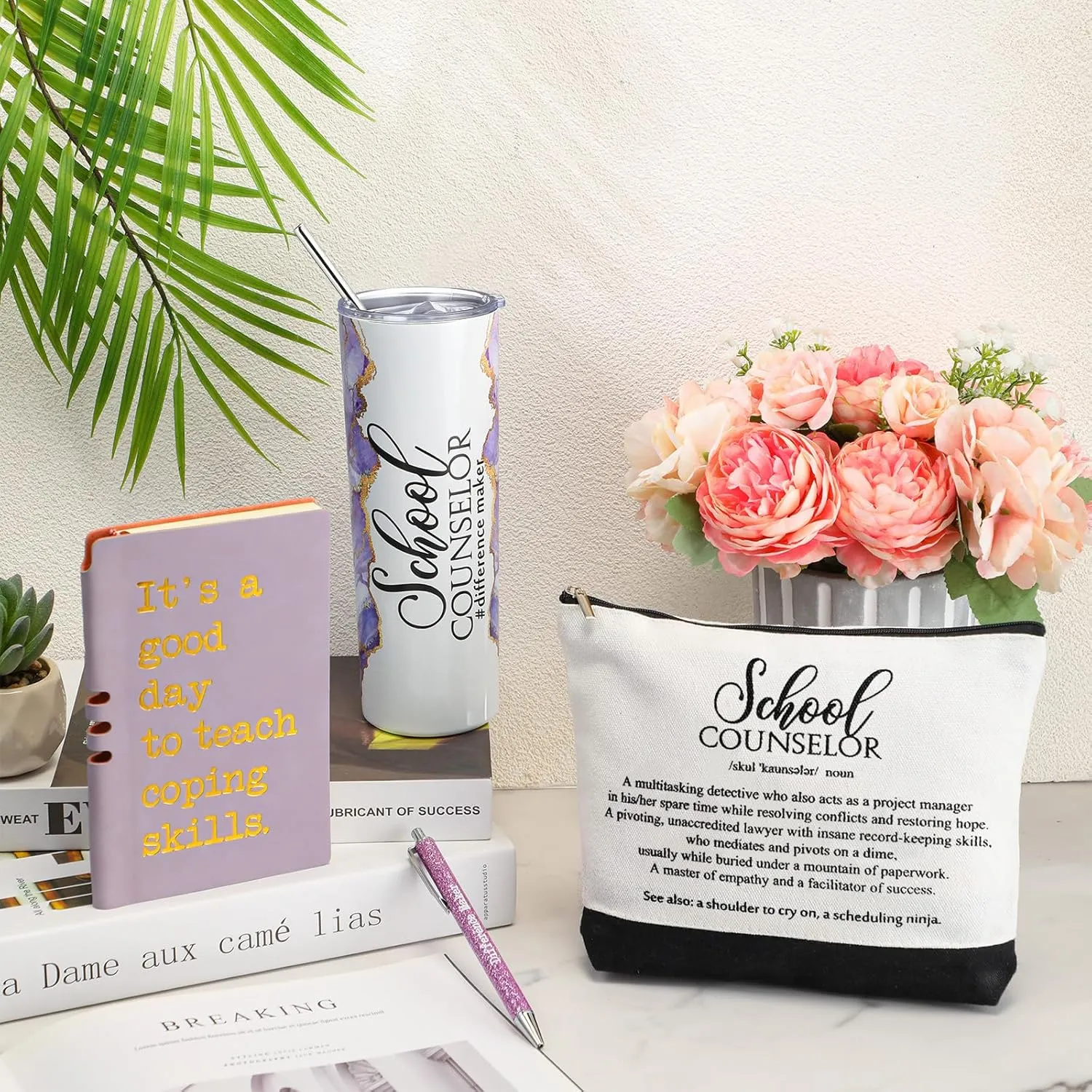 4 Pcs School Counselor Gifts Include 20oz Stainless Steel Tumbler Appreciation Makeup Bag Leather Notebook Thank You Pens End of School Gift for Educator Teacher(Purple)