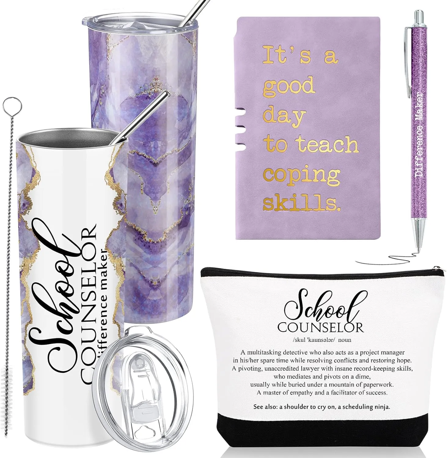 4 Pcs School Counselor Gifts Include 20oz Stainless Steel Tumbler Appreciation Makeup Bag Leather Notebook Thank You Pens End of School Gift for Educator Teacher(Purple)