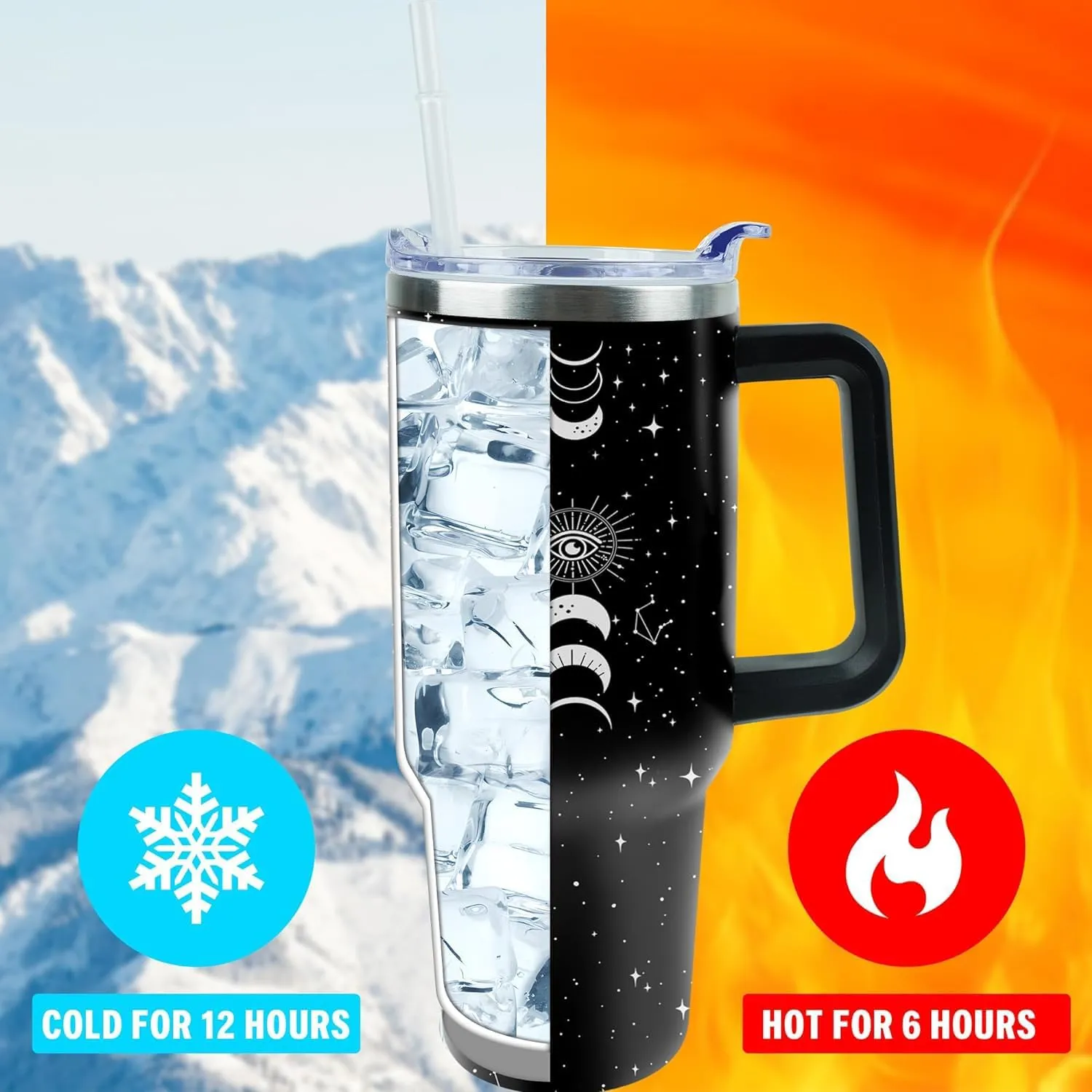 40 oz Tumbler with Handle and Straw, Stainless Steel Insulated Cup with Leak Proof Lid and Straw Lid, Keep Drinks Cold and Hot for Hours(Sun Moon)
