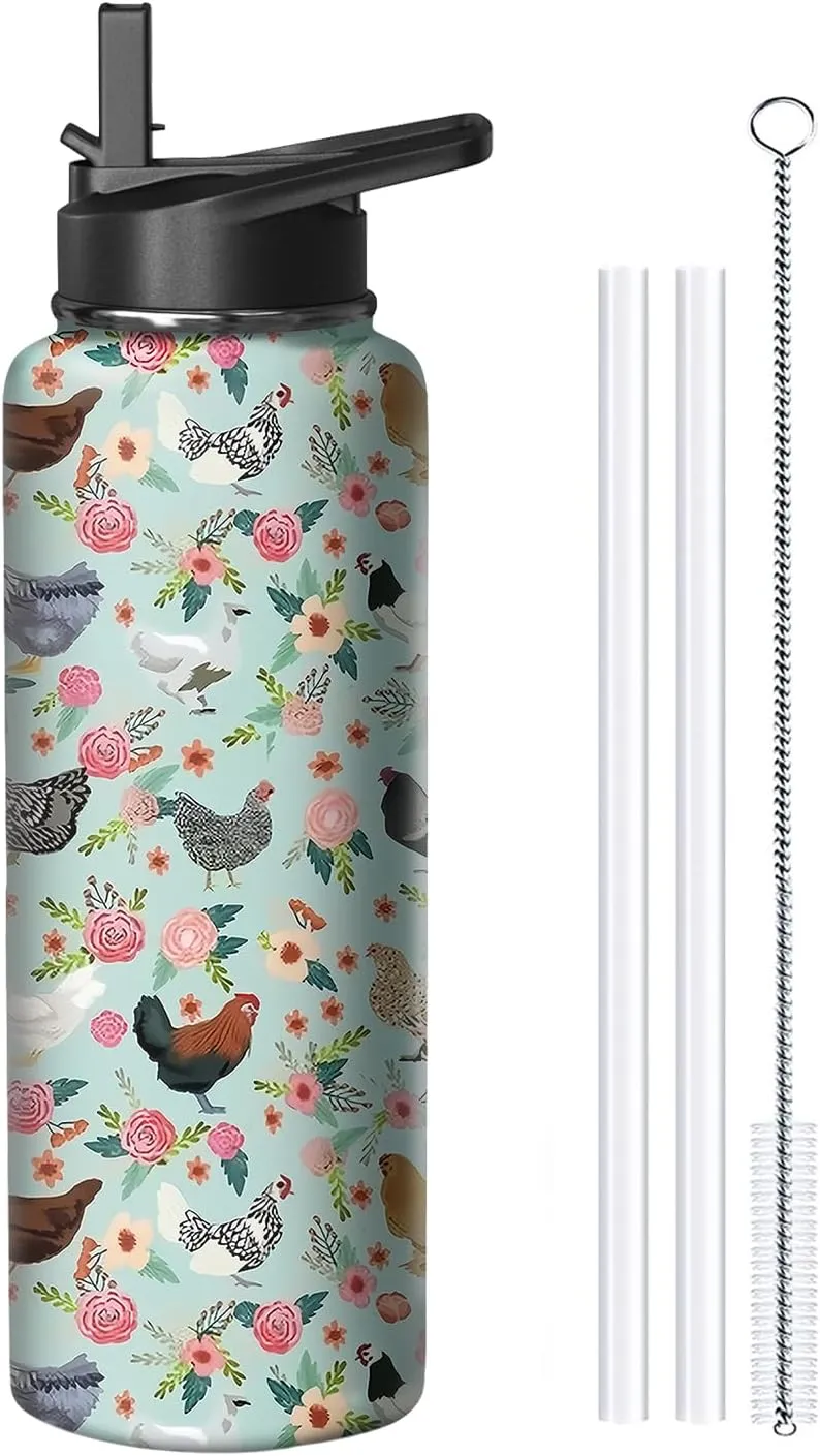 40oz Chicken Water Bottle with Handle and Flip Straw, Animal Sports Stainless Steel Insulated Cup Travel Coffee Mug Tumbler, Birthday Mothers Day Chritmas Gifts for Women