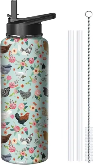 40oz Chicken Water Bottle with Handle and Flip Straw, Animal Sports Stainless Steel Insulated Cup Travel Coffee Mug Tumbler, Birthday Mothers Day Chritmas Gifts for Women