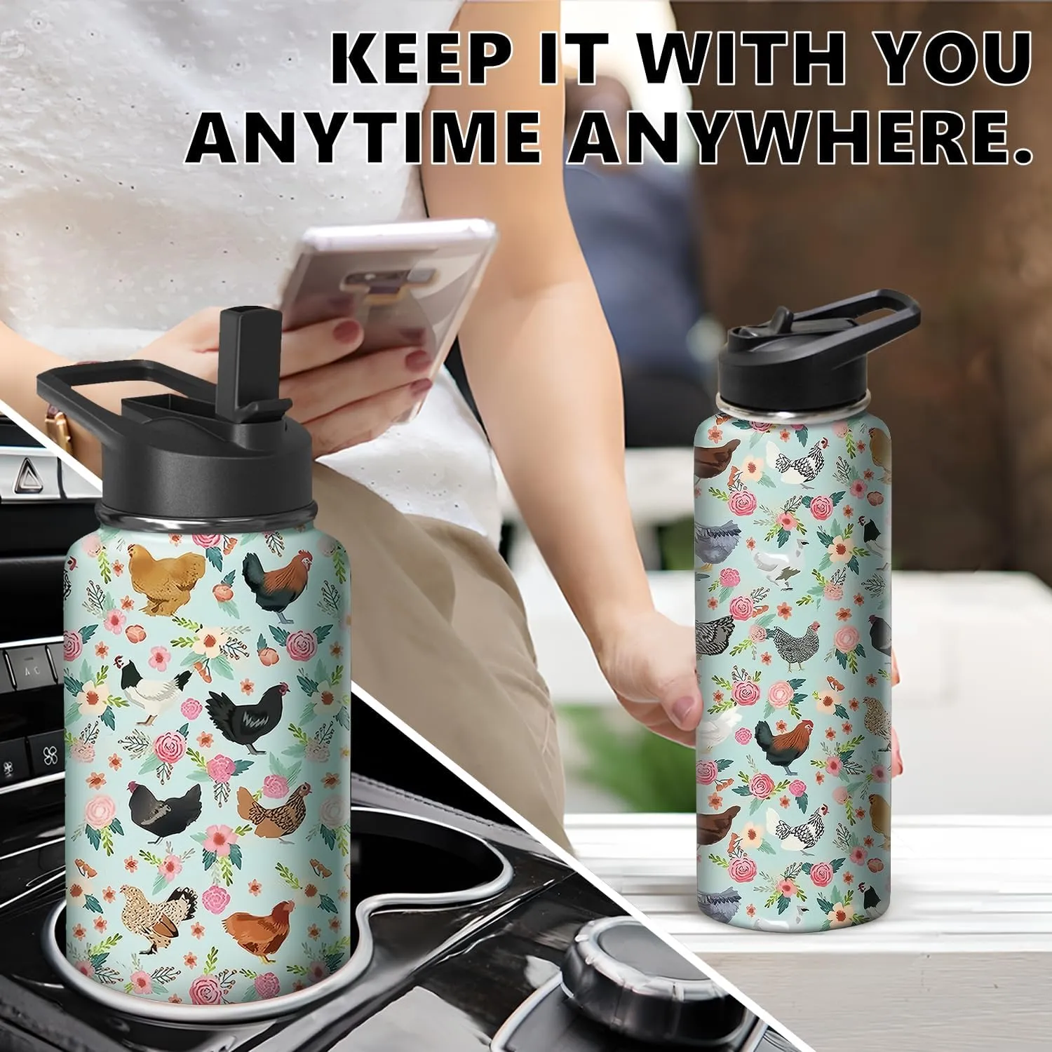 40oz Chicken Water Bottle with Handle and Flip Straw, Animal Sports Stainless Steel Insulated Cup Travel Coffee Mug Tumbler, Birthday Mothers Day Chritmas Gifts for Women