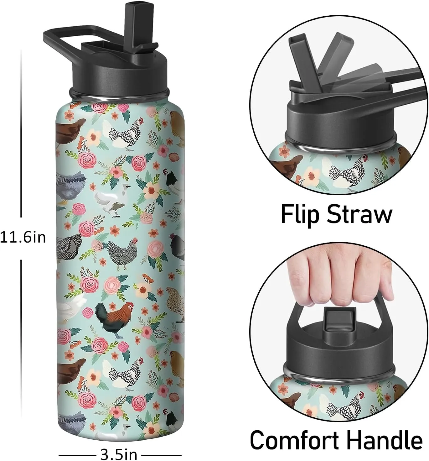 40oz Chicken Water Bottle with Handle and Flip Straw, Animal Sports Stainless Steel Insulated Cup Travel Coffee Mug Tumbler, Birthday Mothers Day Chritmas Gifts for Women