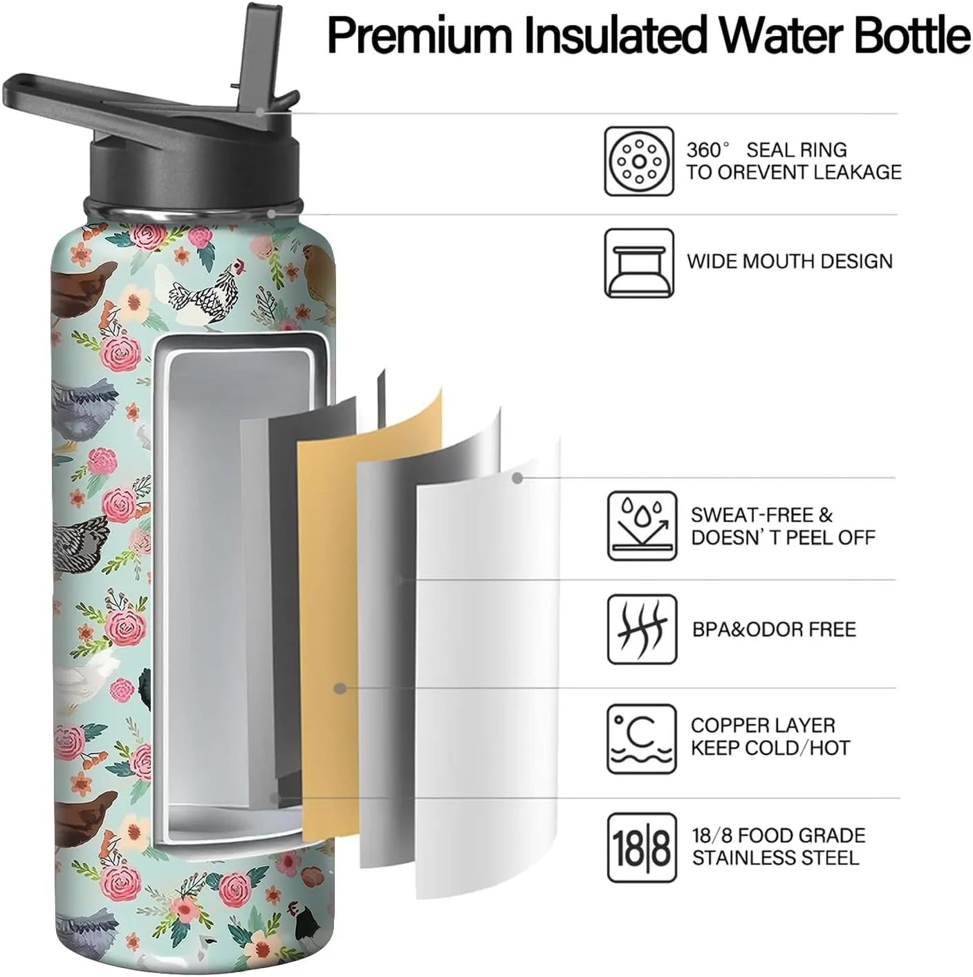 40oz Chicken Water Bottle with Handle and Flip Straw, Animal Sports Stainless Steel Insulated Cup Travel Coffee Mug Tumbler, Birthday Mothers Day Chritmas Gifts for Women