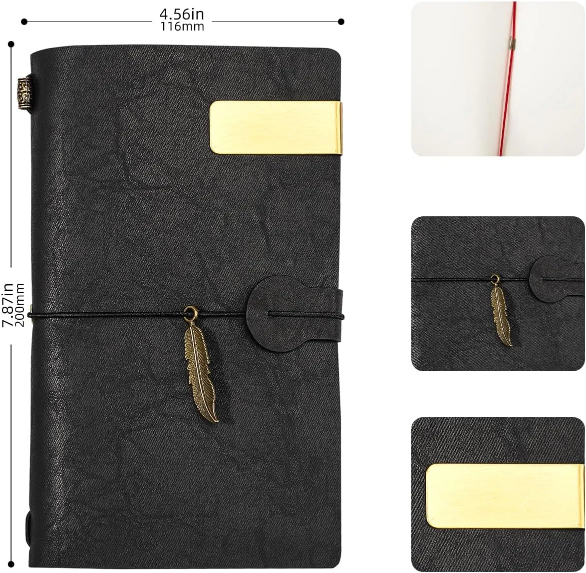 4Pack Leather Travelers Notebook - Refillable Travel Journal - Traveler's Journal, Planner, Notebook for Writing, Poets, Travelers, as a Diary or Life Planner (Black)