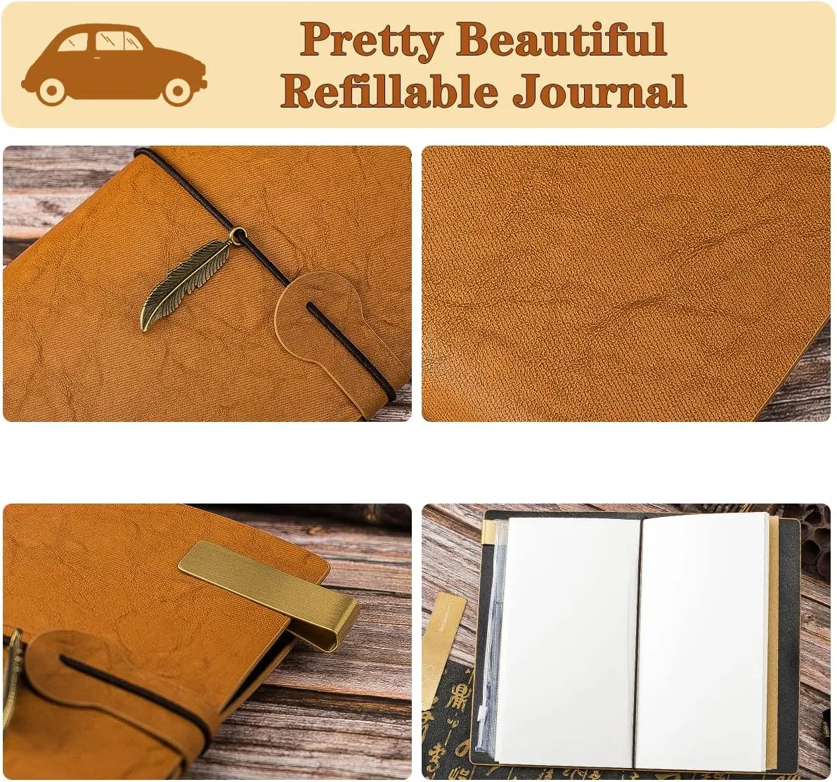 4Pack Leather Travelers Notebook - Refillable Travel Journal - Traveler's Journal, Planner, Notebook for Writing, Poets, Travelers, as a Diary or Life Planner (Black)