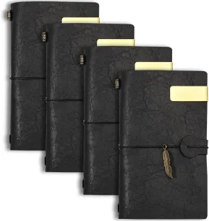 4Pack Leather Travelers Notebook - Refillable Travel Journal - Traveler's Journal, Planner, Notebook for Writing, Poets, Travelers, as a Diary or Life Planner (Black)