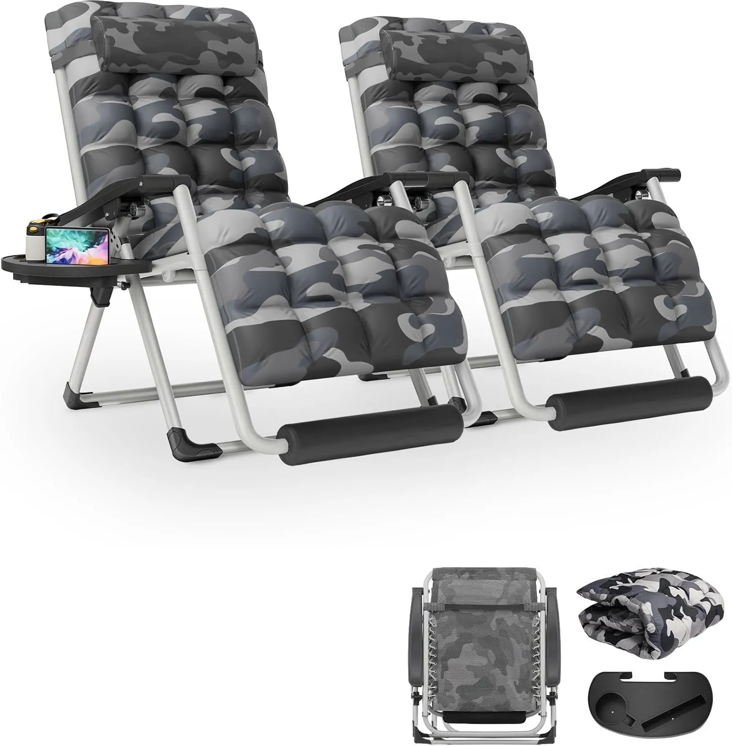 (5-9 Days Delivery) 29In Oversized Zero Gravity Lounge Chairs Set of 2 with Cushion, Padded Patio Anti Gravity Recliner XL Foldable Outdoor Lounger, Headrest and Footrest for Camping (Camouflage)