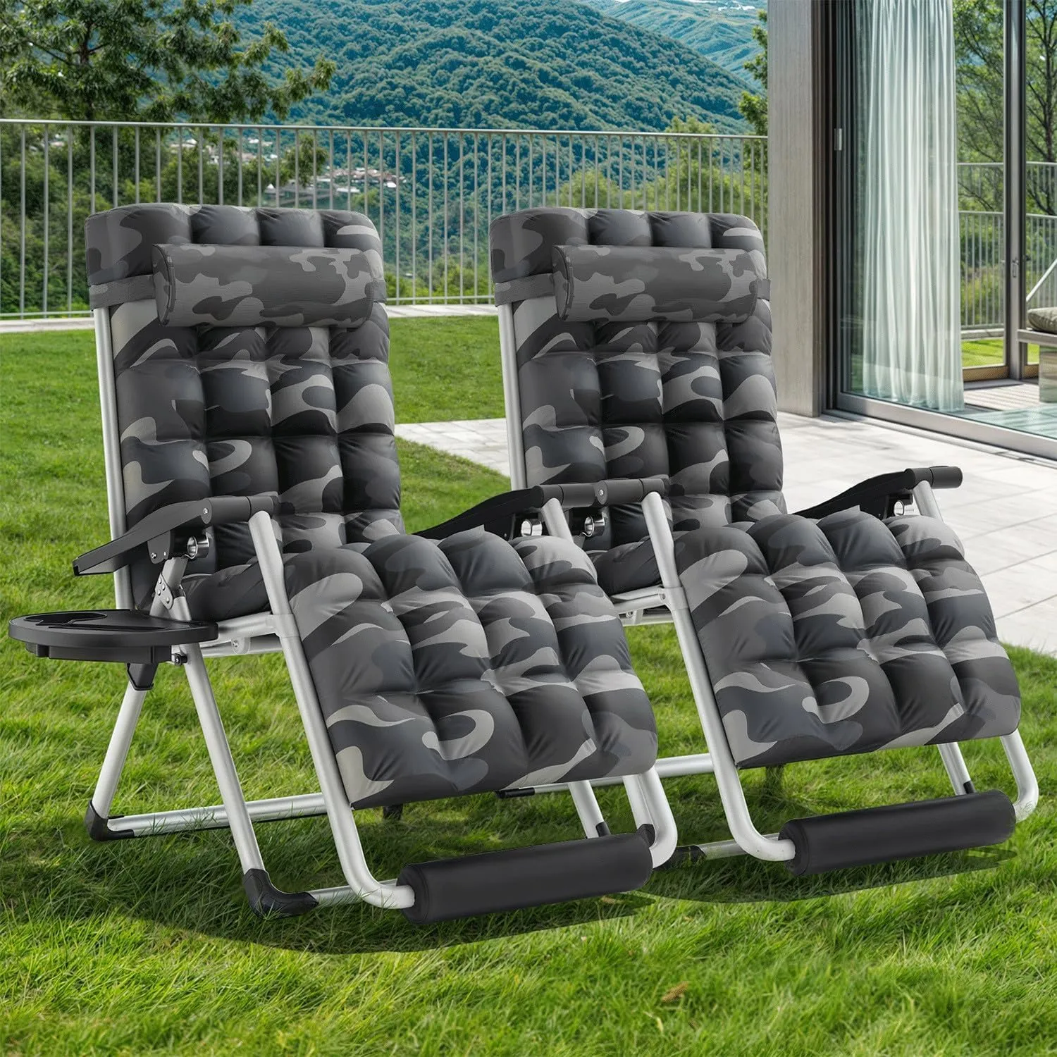 (5-9 Days Delivery) 29In Oversized Zero Gravity Lounge Chairs Set of 2 with Cushion, Padded Patio Anti Gravity Recliner XL Foldable Outdoor Lounger, Headrest and Footrest for Camping (Camouflage)