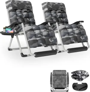 (5-9 Days Delivery) 29In Oversized Zero Gravity Lounge Chairs Set of 2 with Cushion, Padded Patio Anti Gravity Recliner XL Foldable Outdoor Lounger, Headrest and Footrest for Camping (Camouflage)