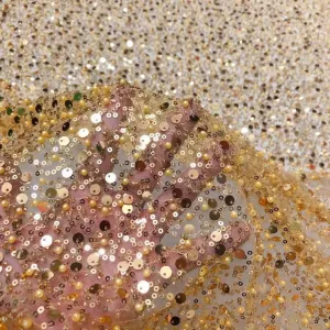 51" Wide Exquisite Heavily Pearl Soft Tulle Mesh Wedding Lace Fabric Embroidered French Sequined Bead Lace Fabrics for Handmade DIY Wedding Evening Dress Bridal Veil (Golden, 3 Yard pre Cut)