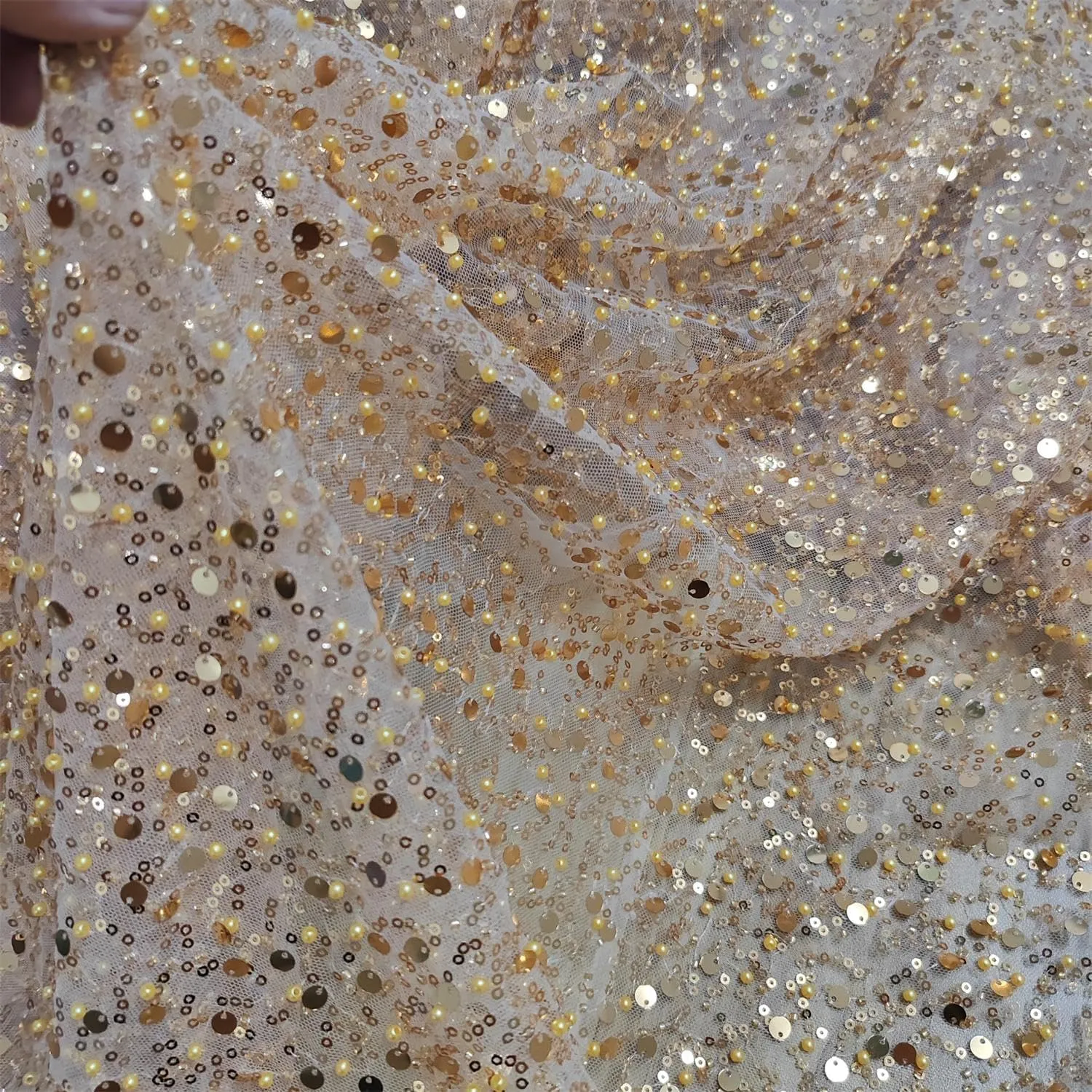 51" Wide Exquisite Heavily Pearl Soft Tulle Mesh Wedding Lace Fabric Embroidered French Sequined Bead Lace Fabrics for Handmade DIY Wedding Evening Dress Bridal Veil (Golden, 3 Yard pre Cut)