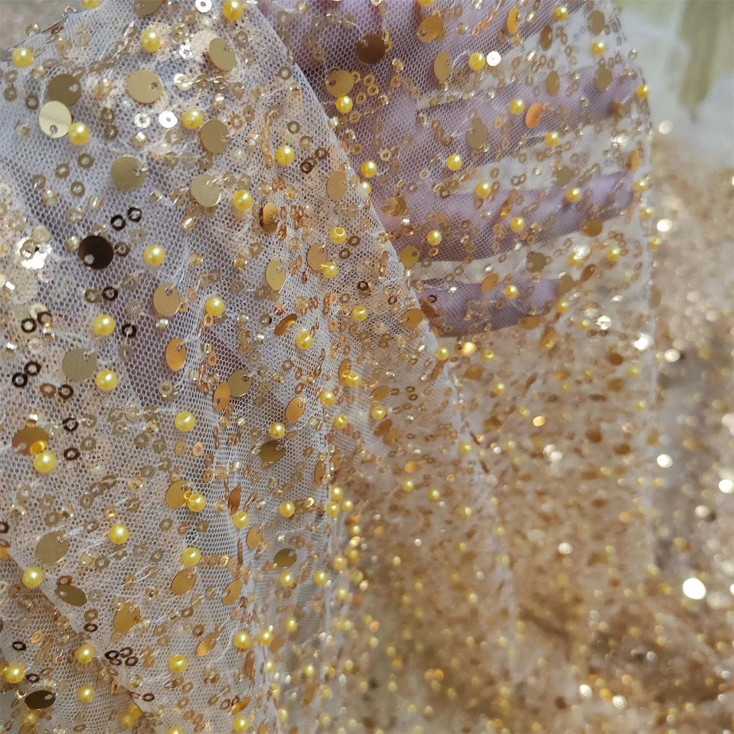 51" Wide Exquisite Heavily Pearl Soft Tulle Mesh Wedding Lace Fabric Embroidered French Sequined Bead Lace Fabrics for Handmade DIY Wedding Evening Dress Bridal Veil (Golden, 3 Yard pre Cut)