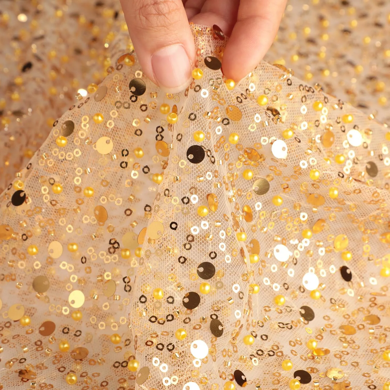 51" Wide Exquisite Heavily Pearl Soft Tulle Mesh Wedding Lace Fabric Embroidered French Sequined Bead Lace Fabrics for Handmade DIY Wedding Evening Dress Bridal Veil (Golden, 3 Yard pre Cut)